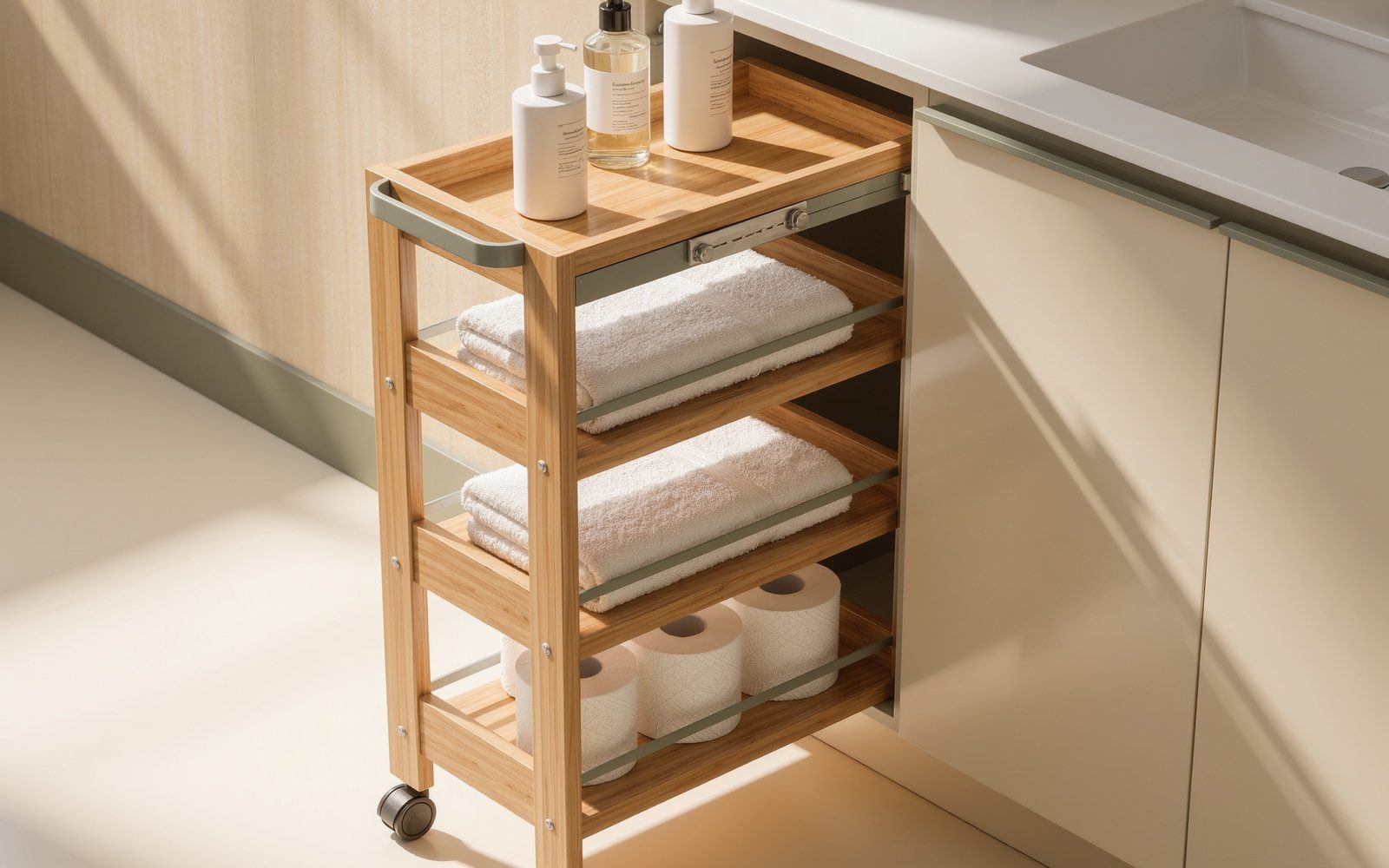 AI-generated illustrative visual: Turn a narrow gap into storage — slim rolling cart