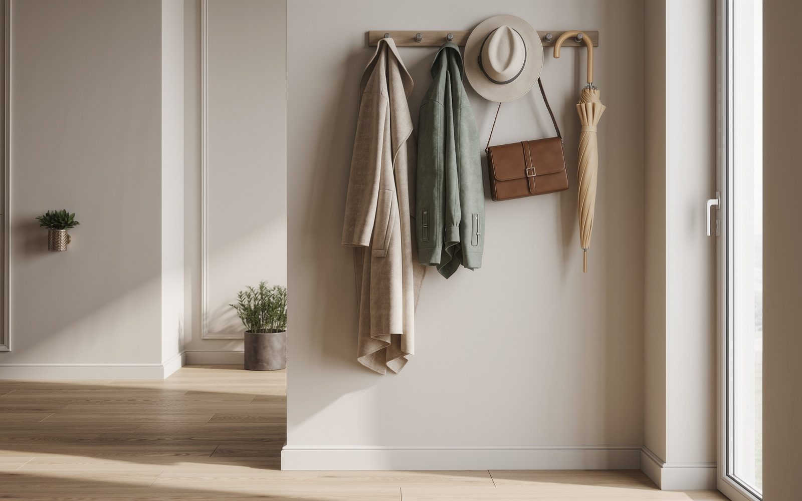 AI-generated illustrative visual: Move coats and bags to the wall