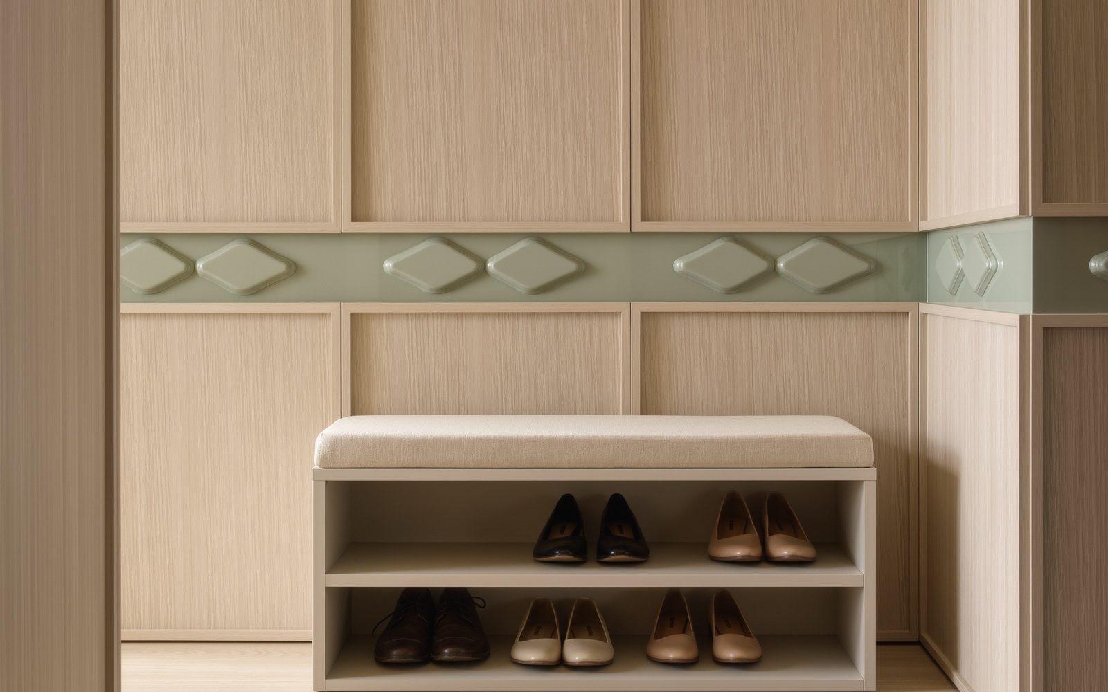 AI-generated illustrative visual: Combine seating and shoe storage