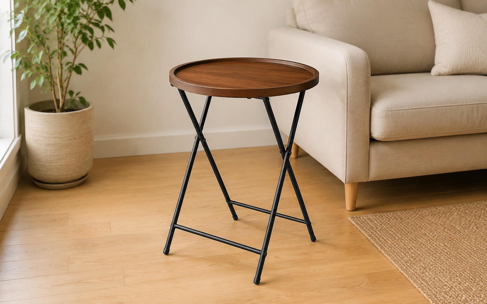 illustrative visual: sharp folding walnut side table beside a cream sofa