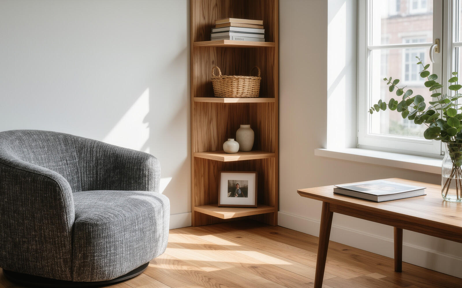 illustrative visual: Compact corner shelving