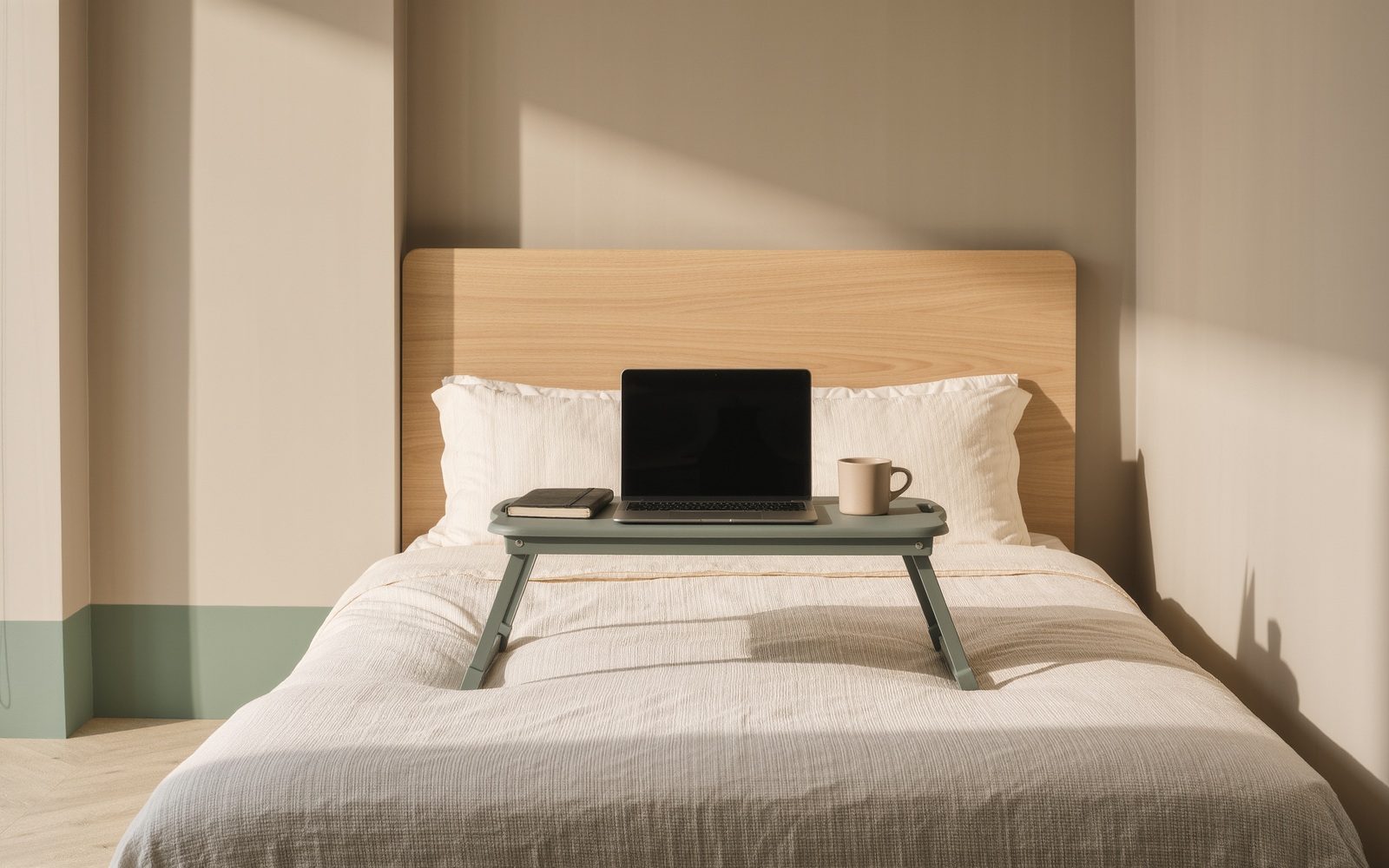 AI-generated generic editorial visual: Turn the bed into a temporary work surface