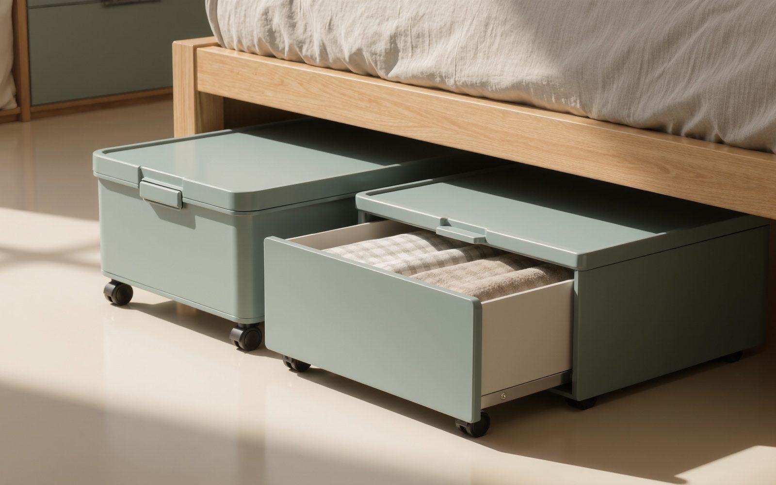 AI-generated generic editorial visual: Make under-bed storage easy to pull out