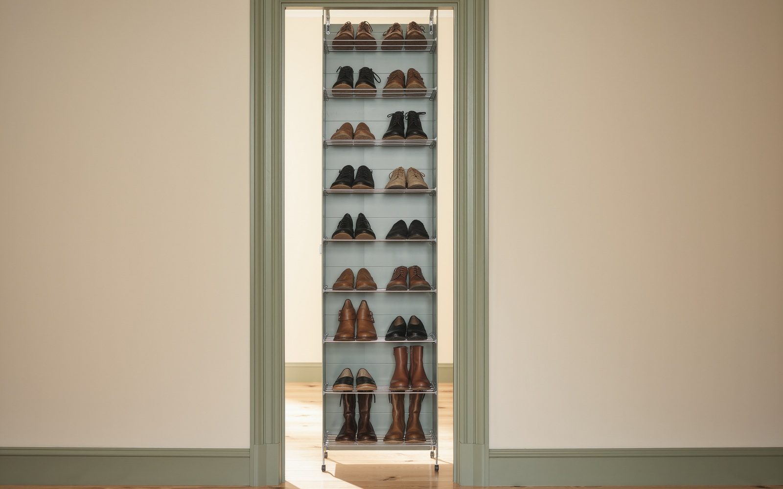 AI-generated generic editorial visual: Store shoes vertically on the door