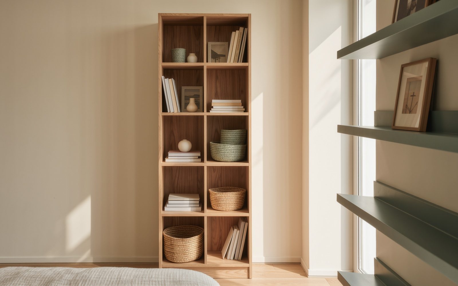 AI-generated generic editorial visual: Use a narrow vertical cube bookcase
