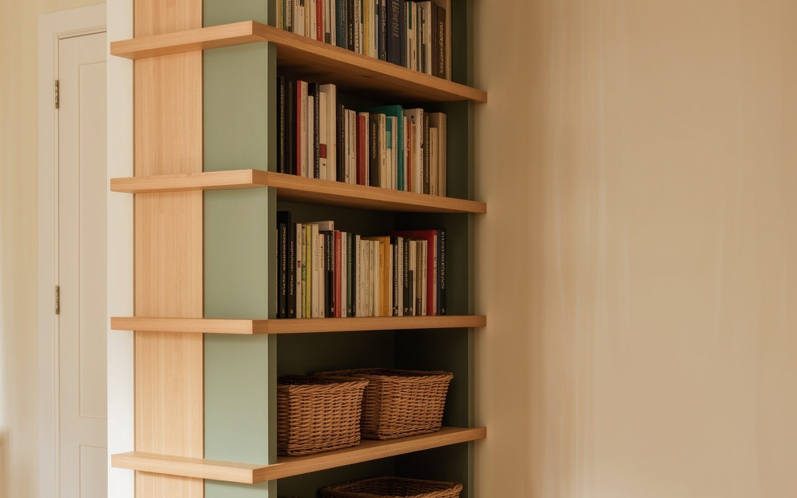 AI-generated generic editorial visual: Choose a narrow tall bookcase