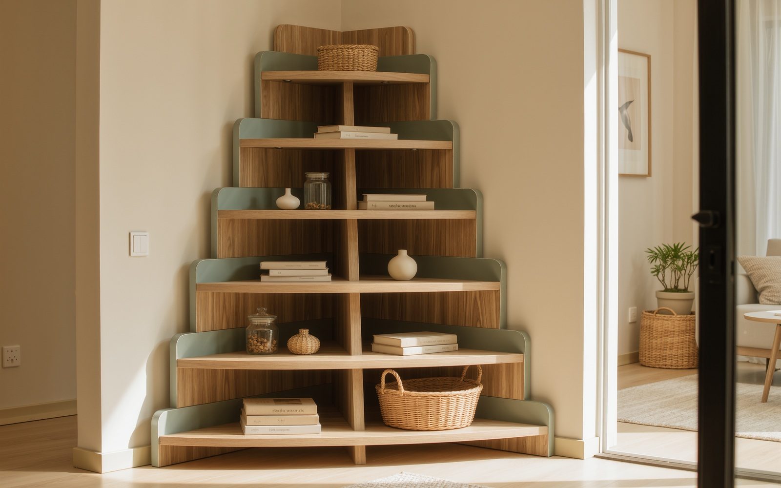 AI-generated generic editorial visual: Use light corner shelving
