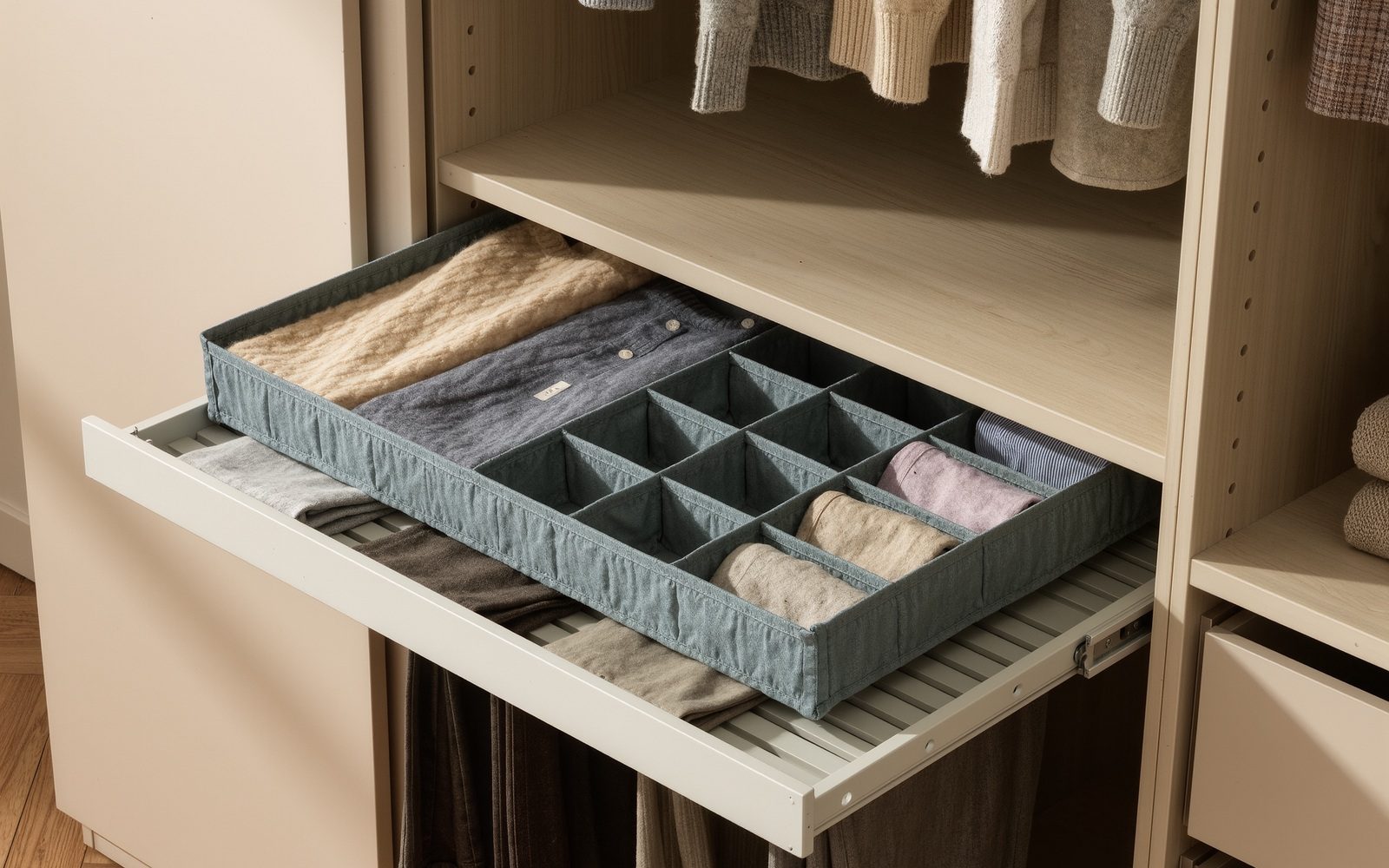 AI-generated generic editorial visual: Stop folded clothes collapsing into piles