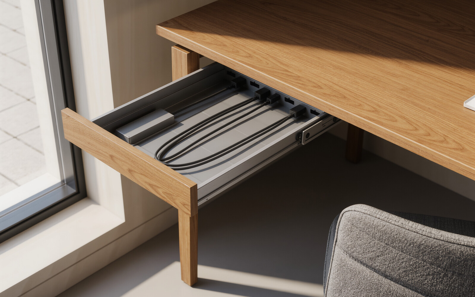 illustrative visual: Under-desk cable tray