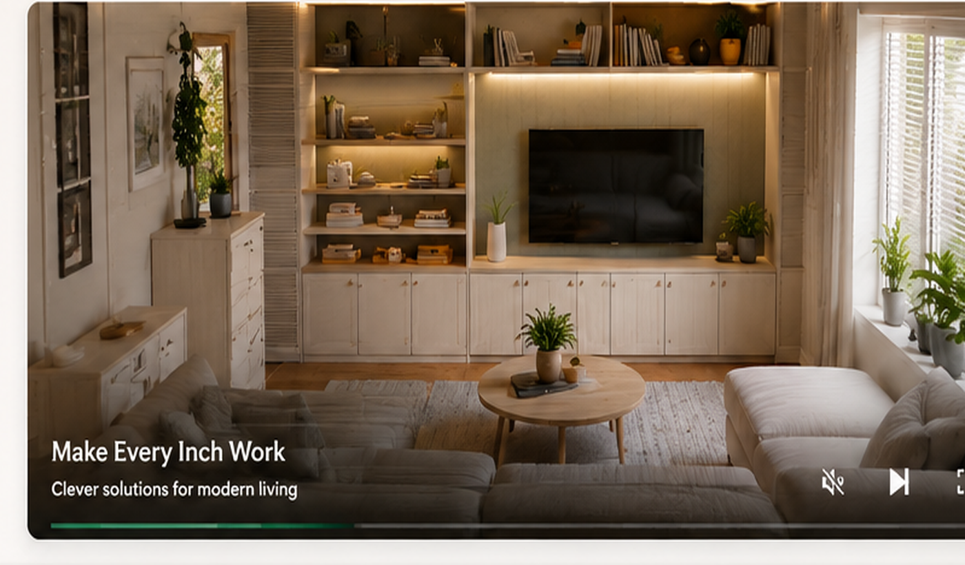 Organized compact home showing practical storage and clear surfaces