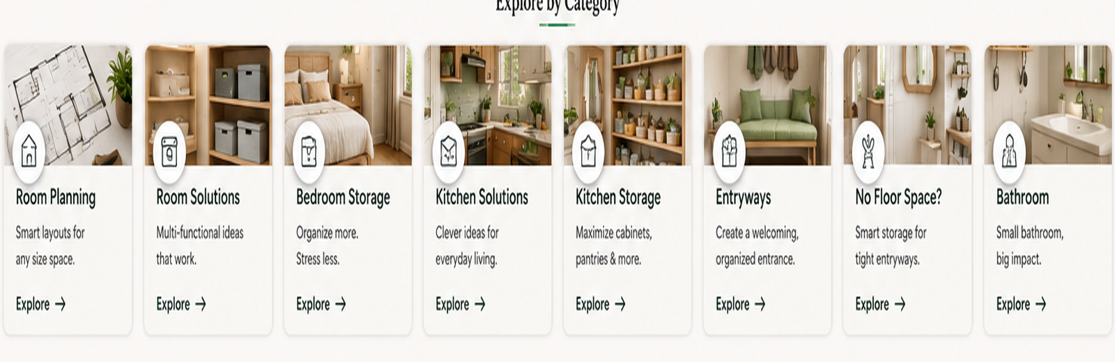 Home organization categories including room planning, bedroom, kitchen, entryway and bathroom