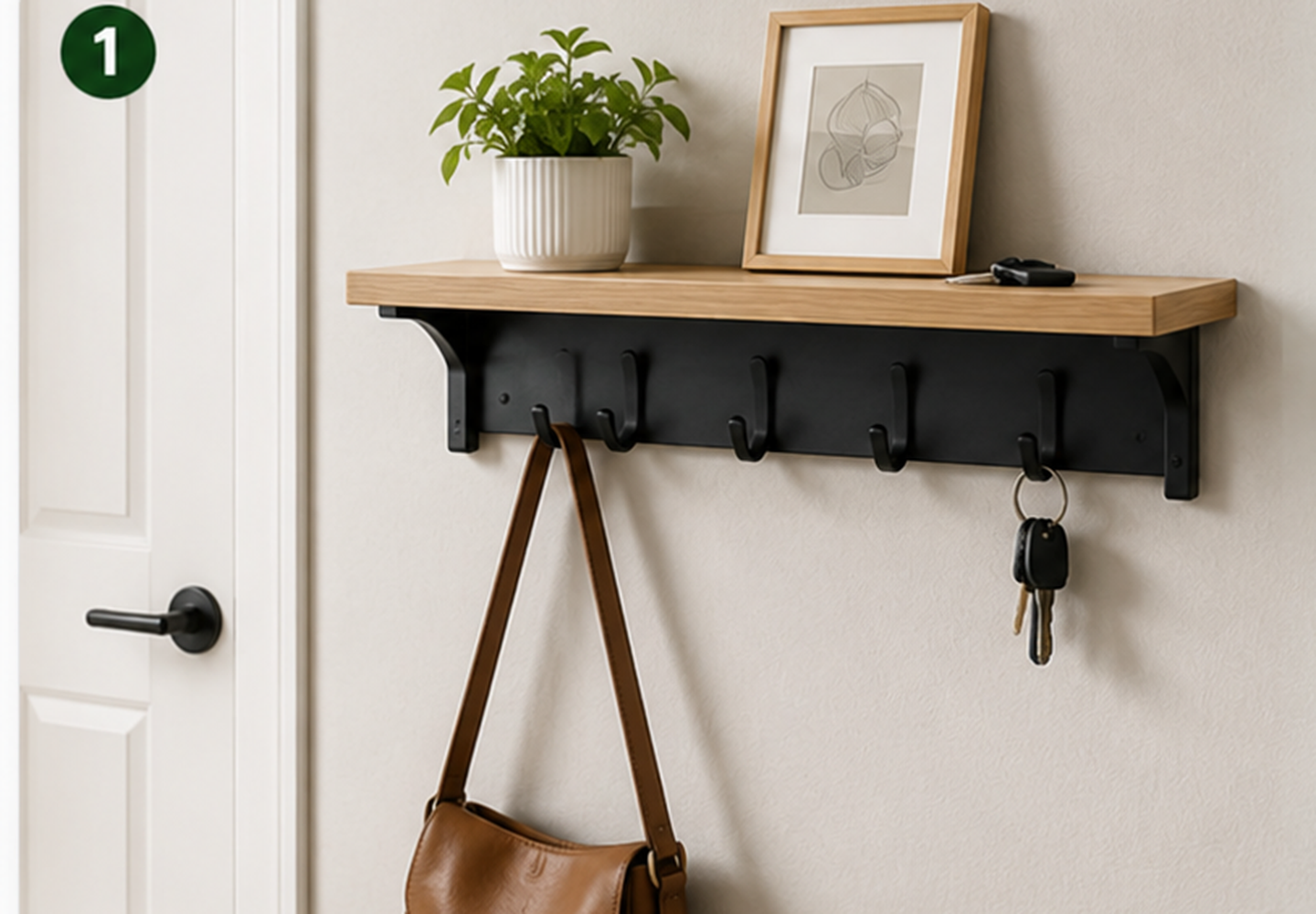 Wall-mounted entryway shelf with hooks keeping bags and keys off the floor