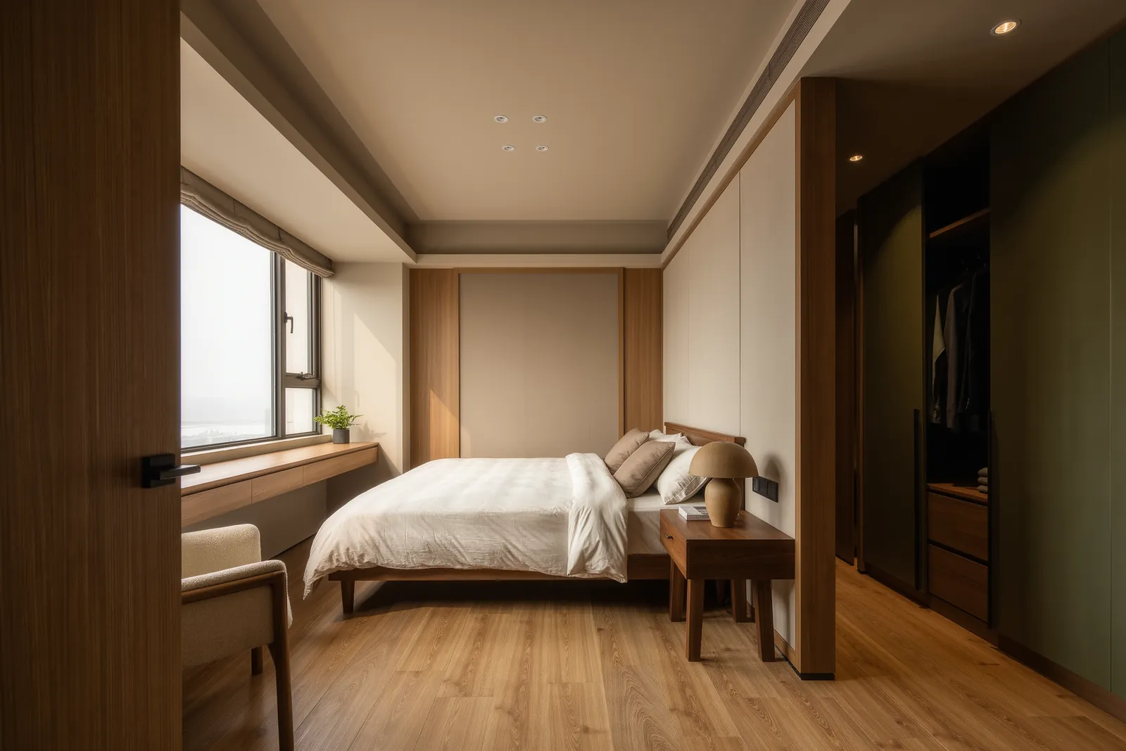 Small bedroom balanced with visually lighter furniture