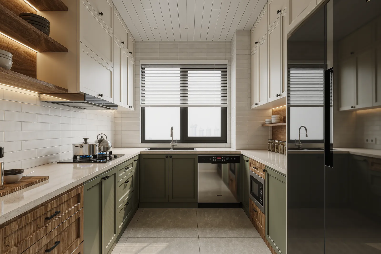 Compact kitchen planned for clear prep space and efficient storage